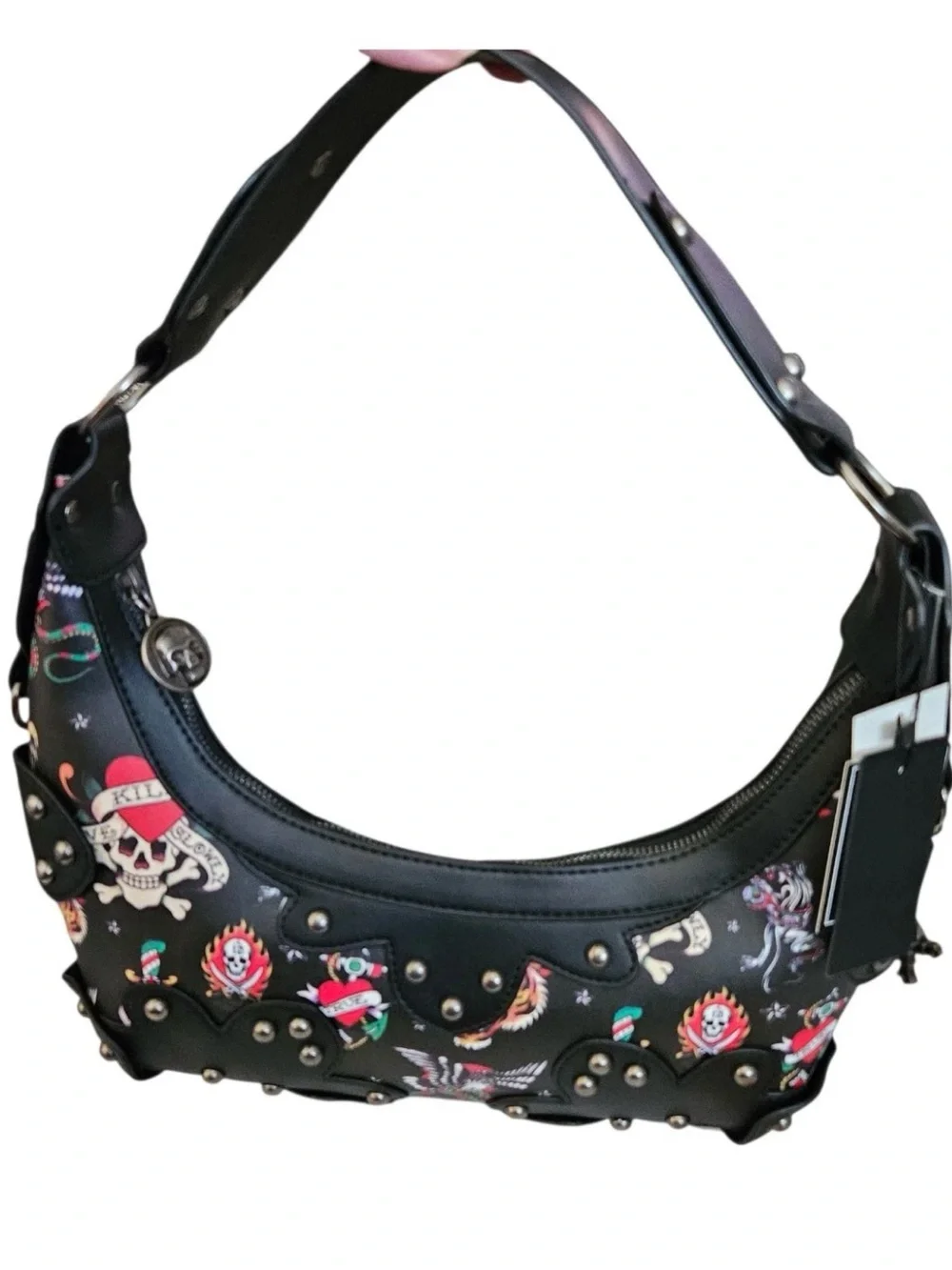 Ed Hardy Black Shoulder Bag with Red & White Skull Print